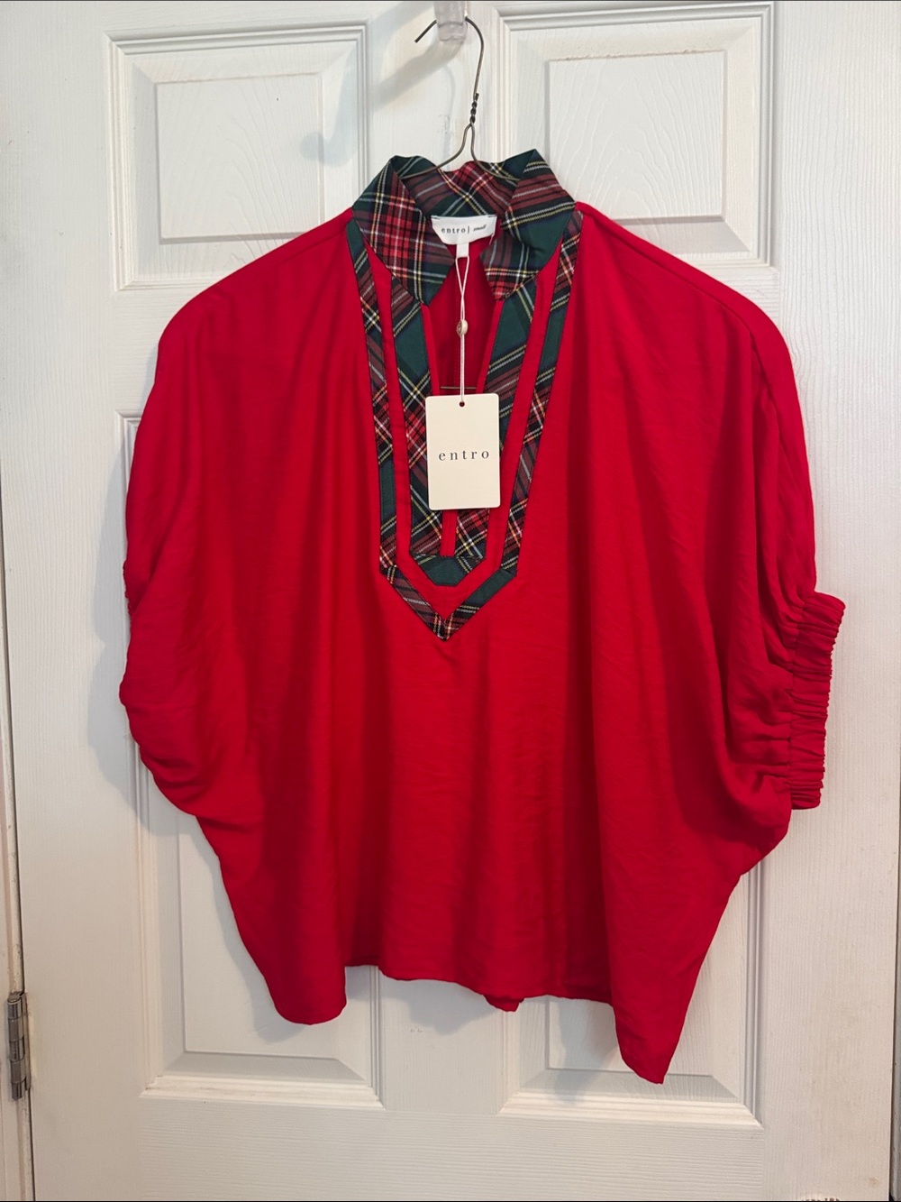 entro Red Tunic with Green & Black Plaid Trim